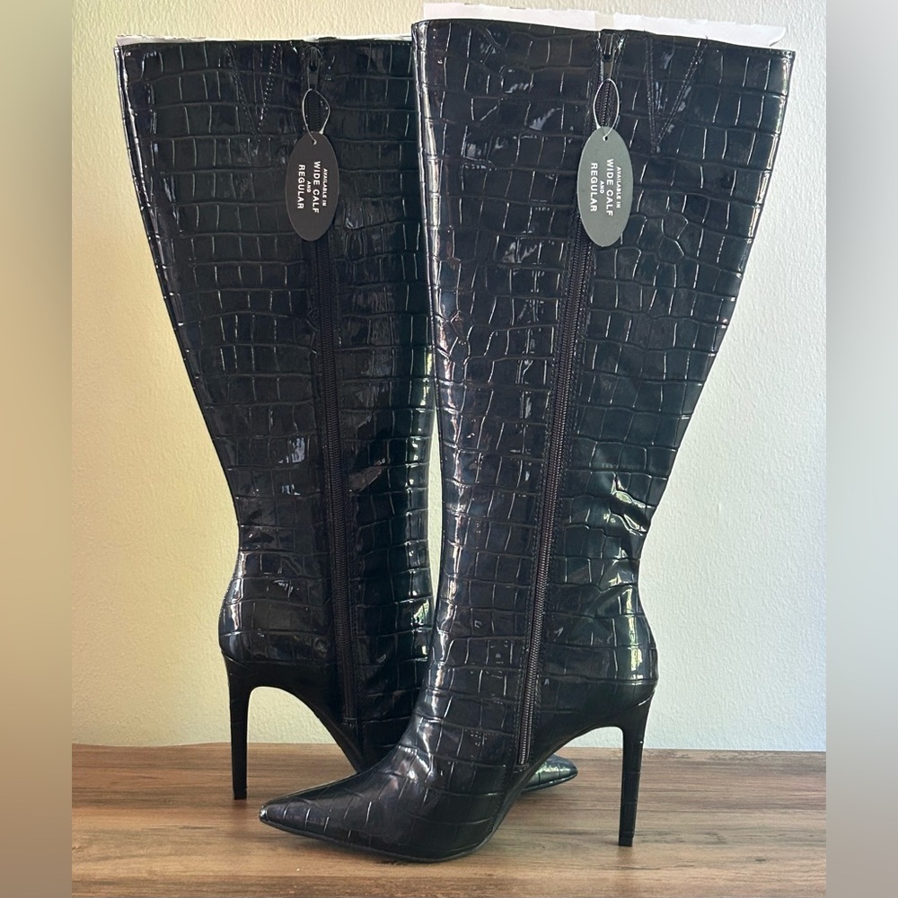 I.N.C Croc-Embossed Knee-High Wide Calf Boots-Black-Size 9 NIB - Picture 4 of 4